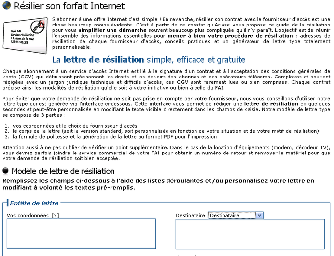 Formuleur résiliation abonnement à Internet ; Ariase
